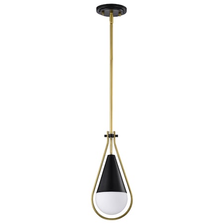 Nuvo Admiral 1-Light Pendant 10 in. Matte Black and Natural Brass White Opal Glass 60/7903